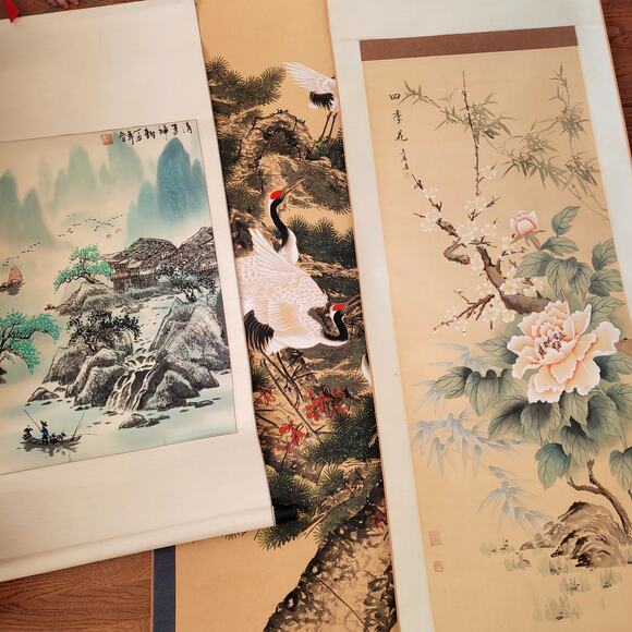 Vtg Chinese Scroll Paintings Artwork Bundle Crane Blossom Waterfall - Picture 1 of 15